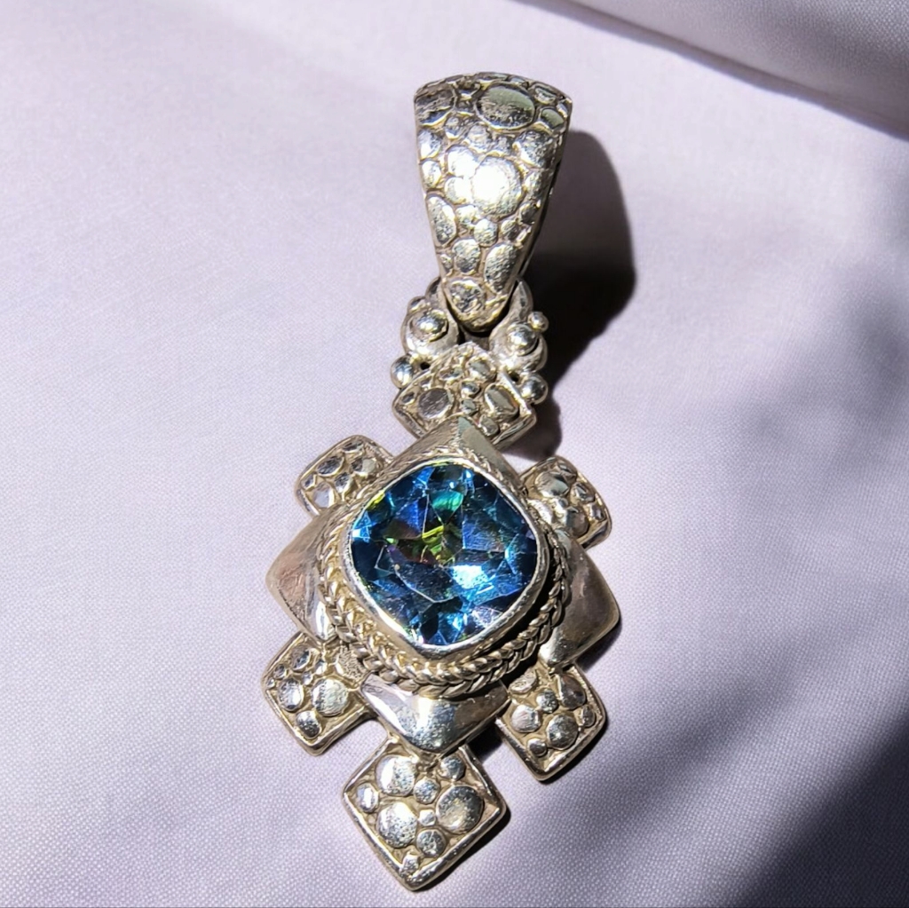 Sarda Designer Bali Sterling Silver & Mystic Topaz Gemstone Pendant